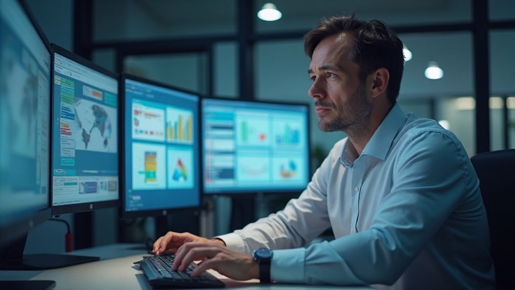 Рабочее место с несколькими мониторами, показывающими процессы автоматизации бизнеса